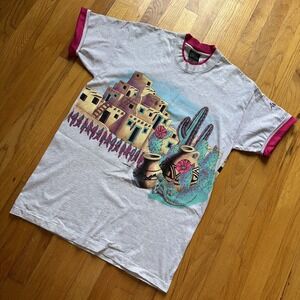 Vintage AOP Habitat Shirt Mens L Arizona Pueblo Pottery Southwest‎ Art 90s Tee